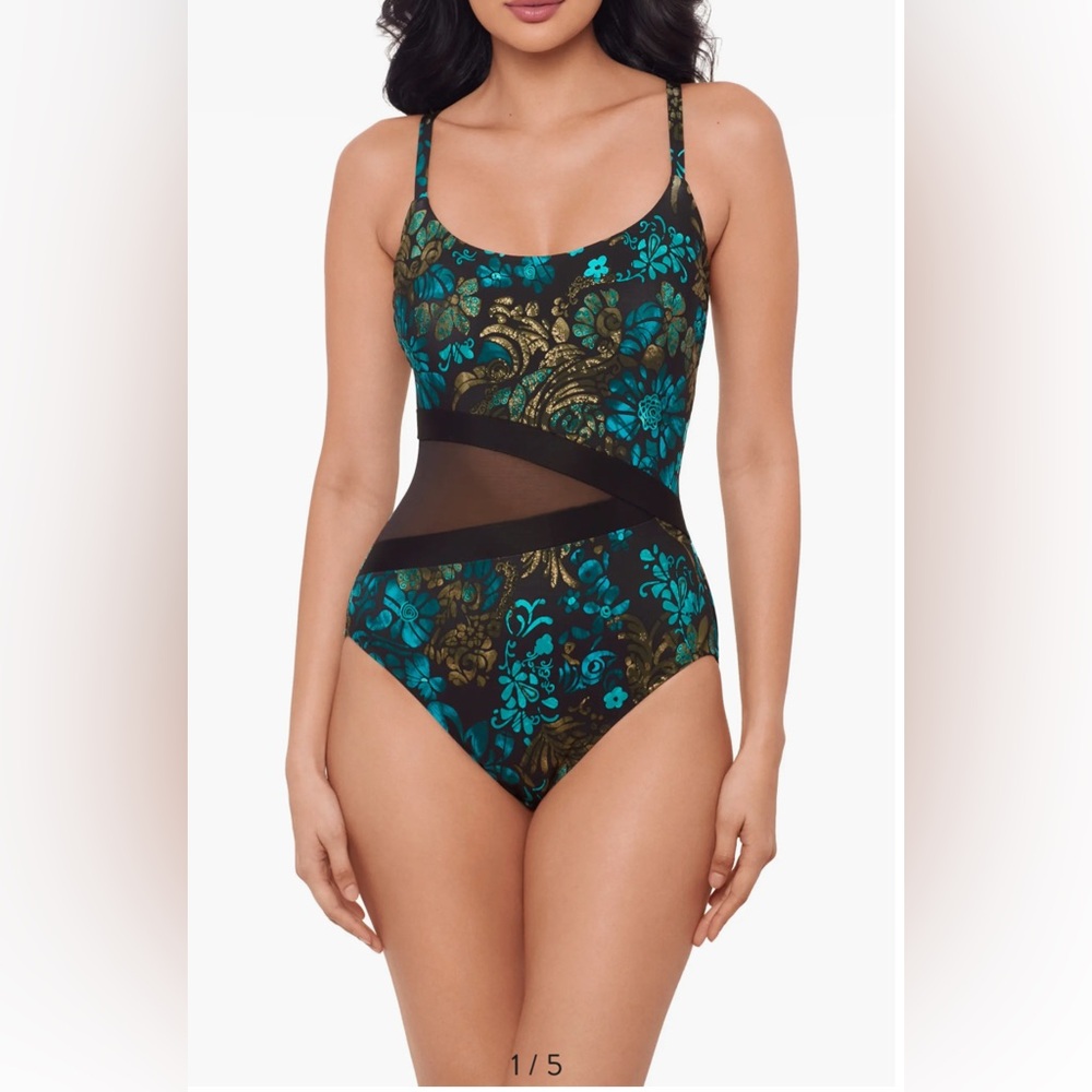 Miraclesuit Flor de Mare Metallic Floral Mesh Inset One-Piece Swimsuit, Size 6